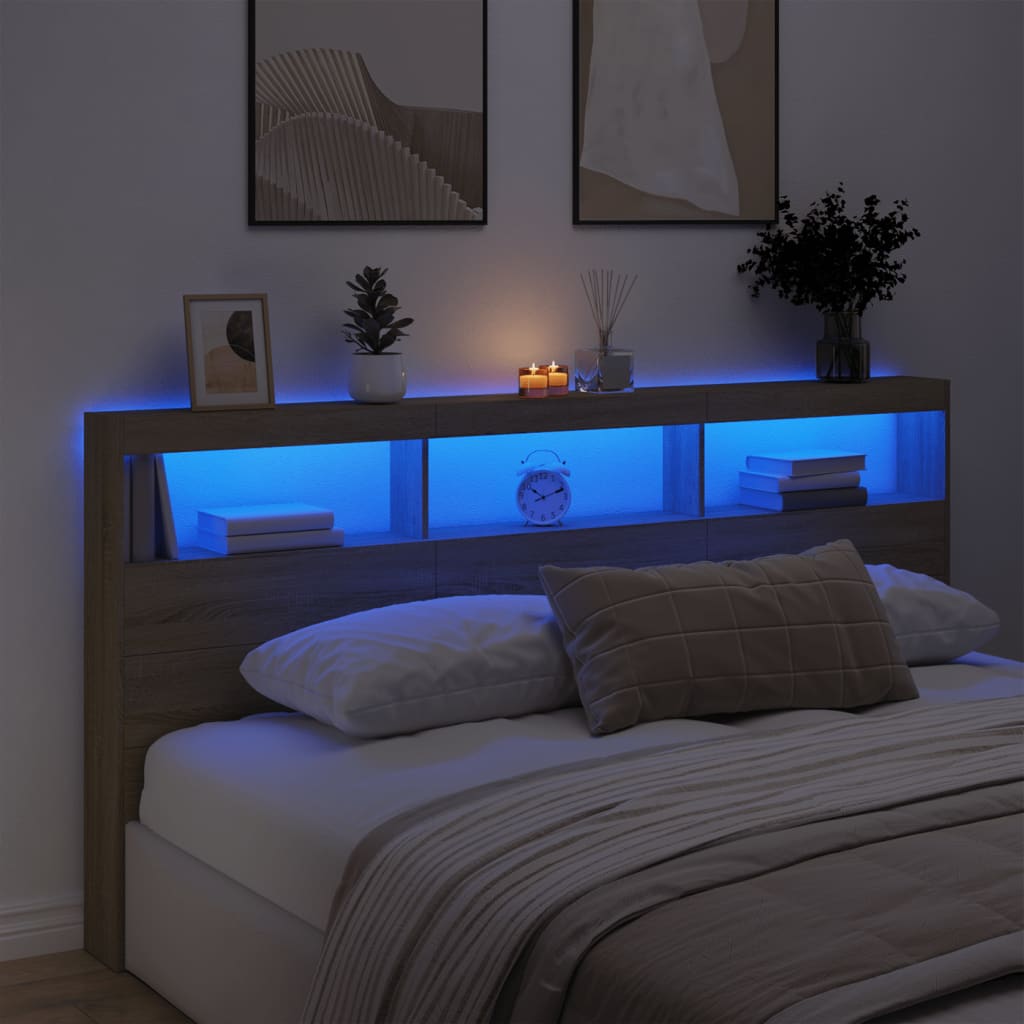 vidaXL LED-Kopfteil mit Ablagen Sonoma-Eiche 200x17x102 cm