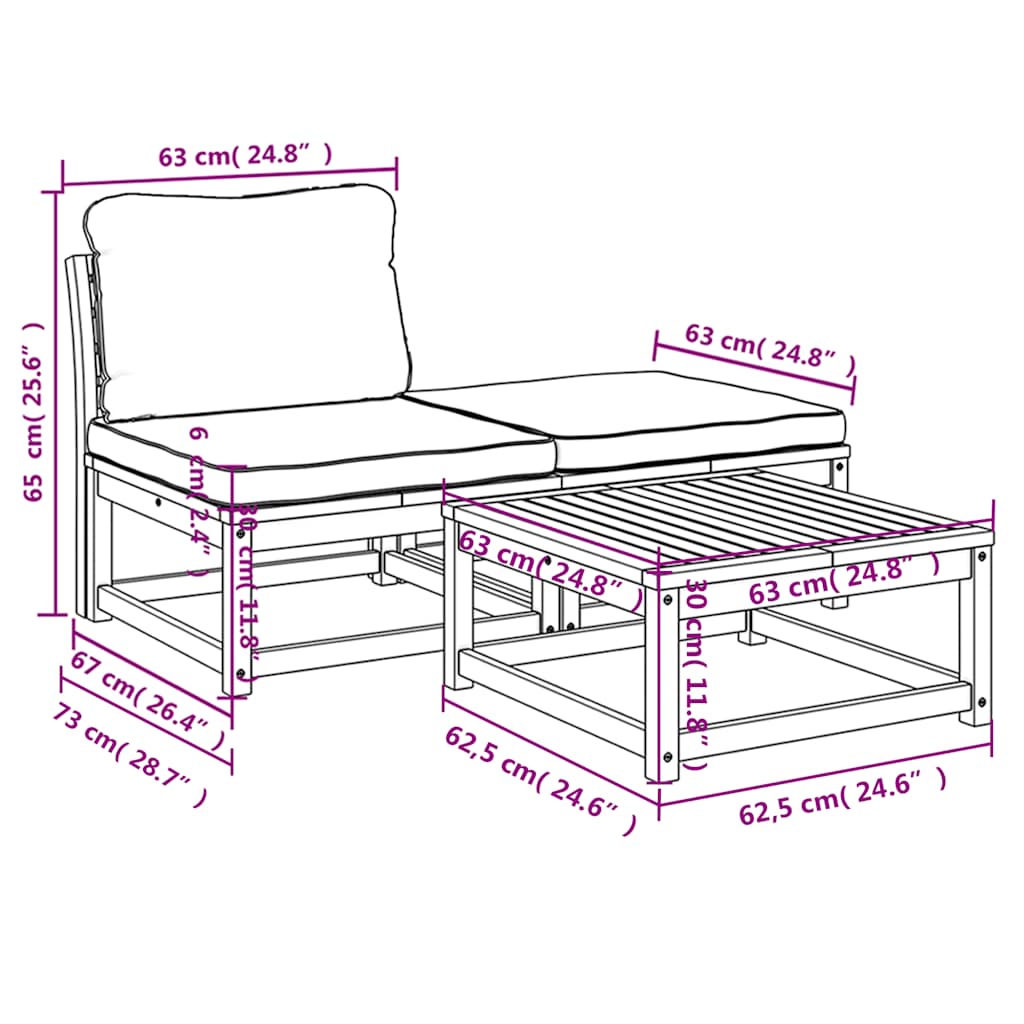 vidaXL 3-tlg. Garten-Lounge-Set mit Kissen Massivholz Akazie