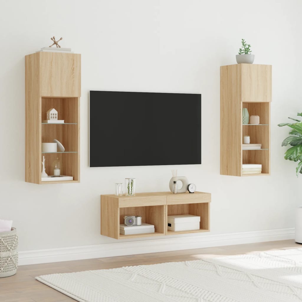 vidaXL 4-tlg. TV-Wohnwand mit LED-Leuchten Sonoma-Eiche