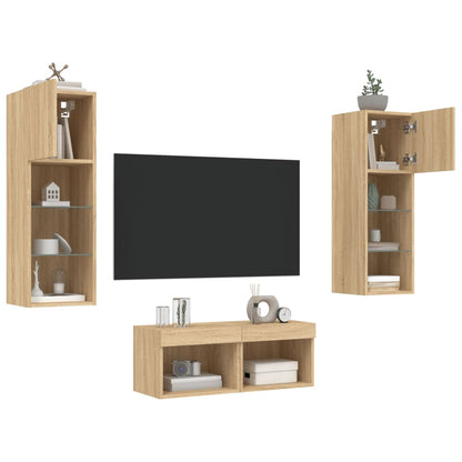 vidaXL 4-tlg. TV-Wohnwand mit LED-Leuchten Sonoma-Eiche