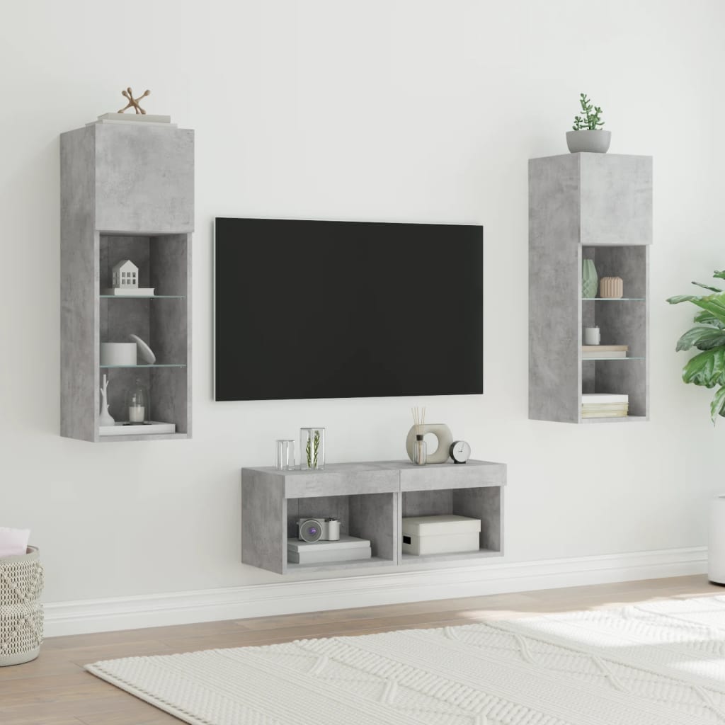 vidaXL 4-tlg. TV-Wohnwand mit LED-Leuchten Betongrau