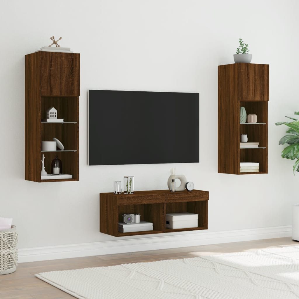 vidaXL 4-tlg. TV-Wohnwand mit LED-Leuchten Braun Eichen-Optik