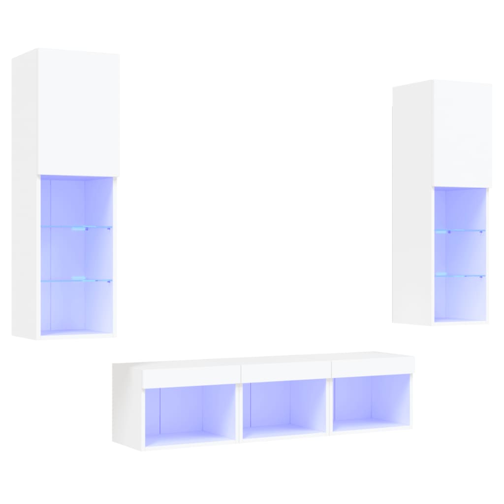 vidaXL 5-tlg. Wohnwand mit LED-Beleuchtung Weiß Holzwerkstoff