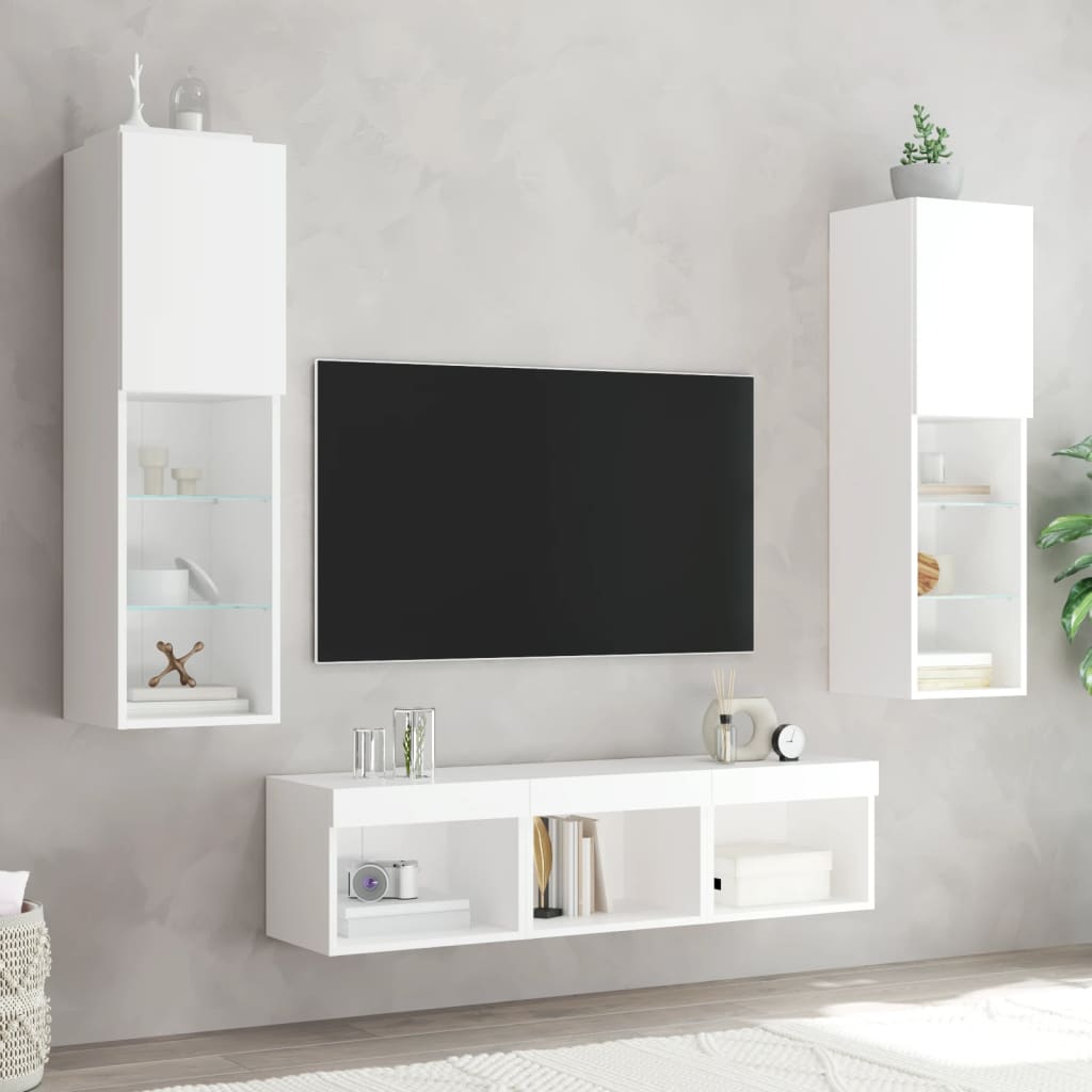 vidaXL 5-tlg. Wohnwand mit LED-Beleuchtung Weiß Holzwerkstoff