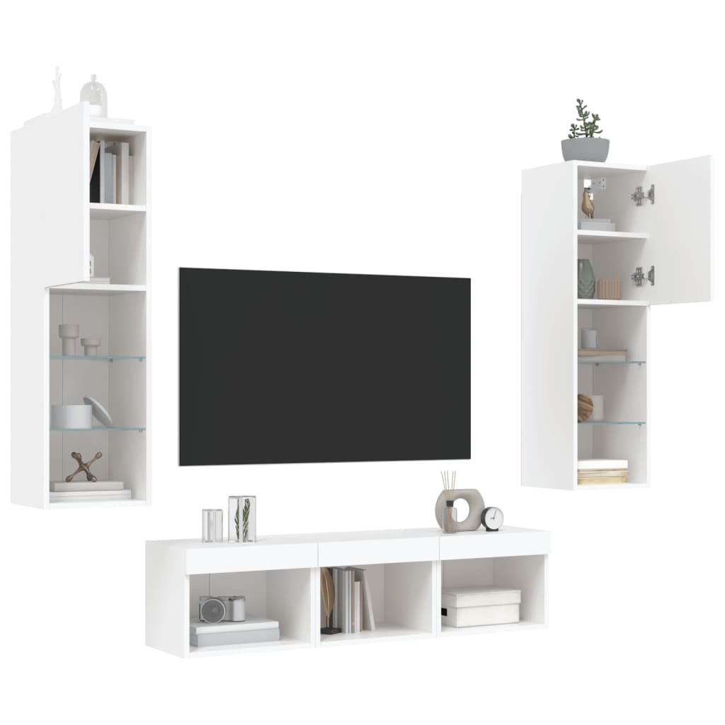 vidaXL 5-tlg. Wohnwand mit LED-Beleuchtung Weiß Holzwerkstoff