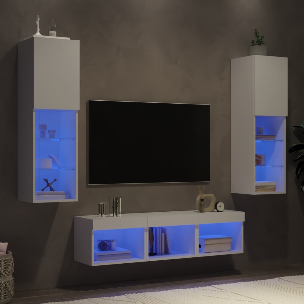 vidaXL 5-tlg. Wohnwand mit LED-Beleuchtung Weiß Holzwerkstoff