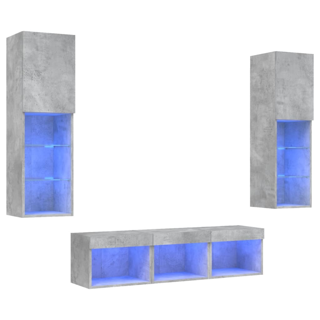 vidaXL Meuble TV 5 pièces avec éclairage LED Gris béton Bois d'ingénierie
