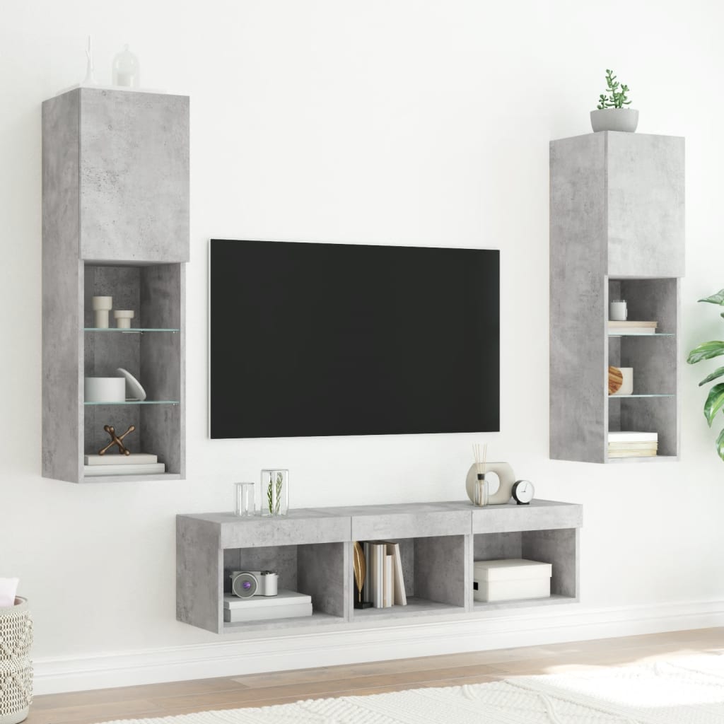 vidaXL Meuble TV 5 pièces avec éclairage LED Gris béton Bois d'ingénierie