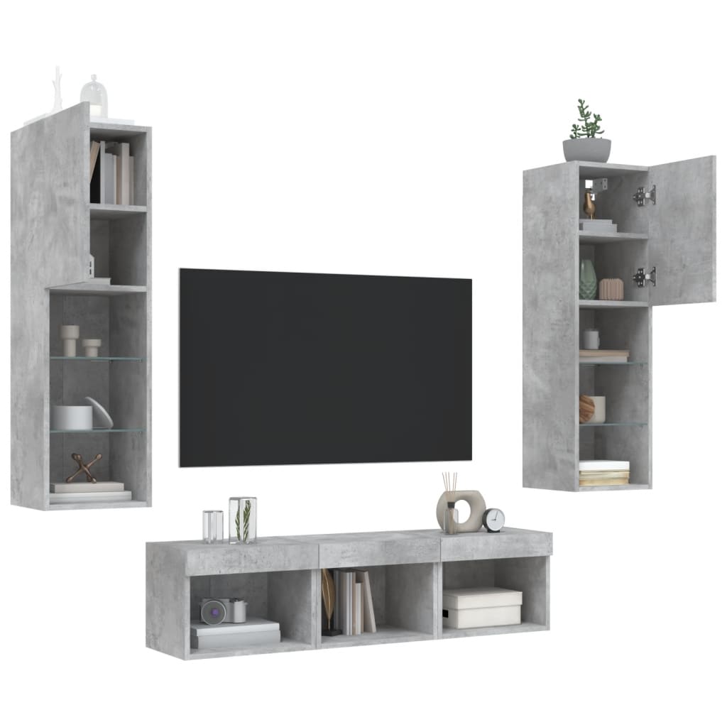 vidaXL Meuble TV 5 pièces avec éclairage LED Gris béton Bois d'ingénierie