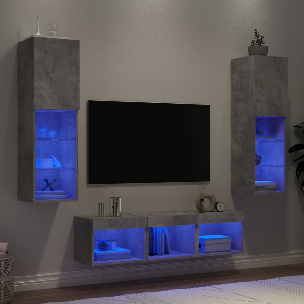 vidaXL Meuble TV 5 pièces avec éclairage LED Gris béton Bois d'ingénierie
