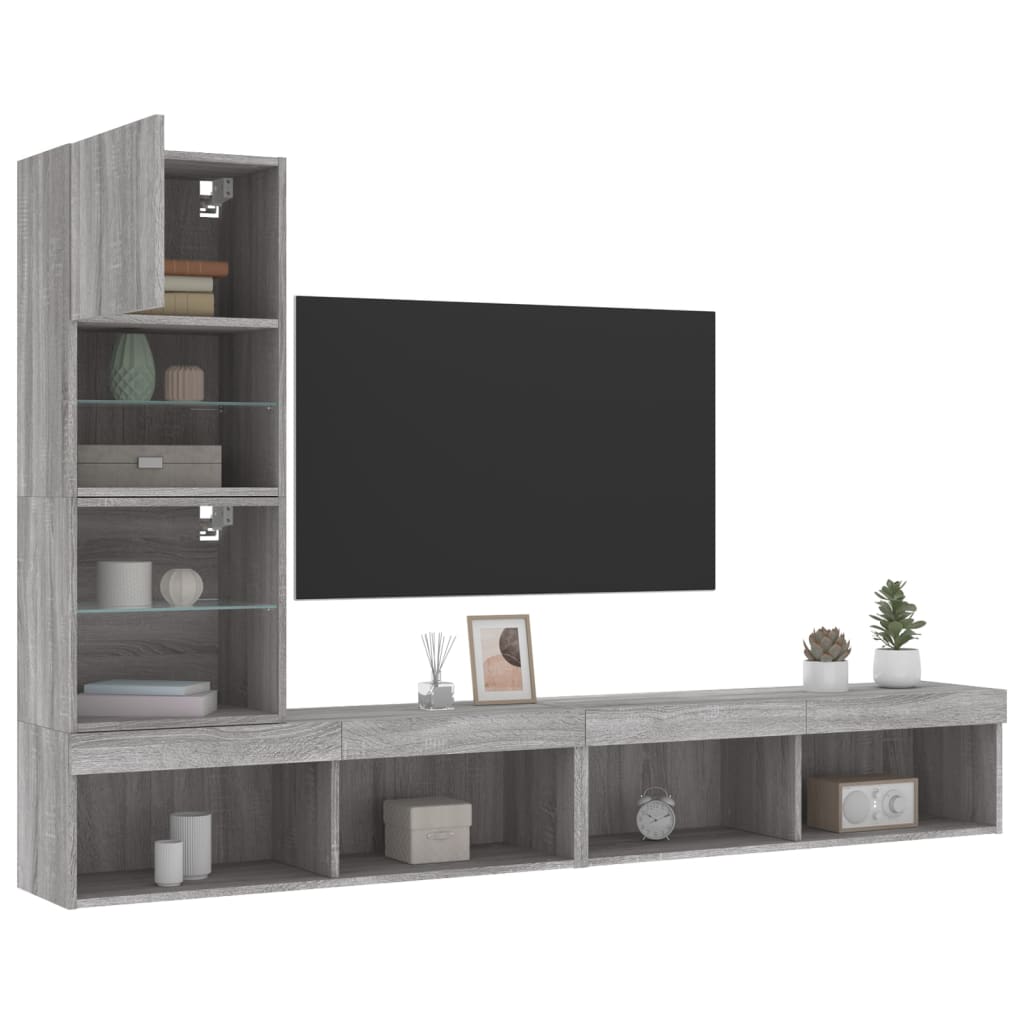 vidaXL 4-tlg. Wohnwand mit LED-Beleuchtung Grau Sonoma Holzwerkstoff