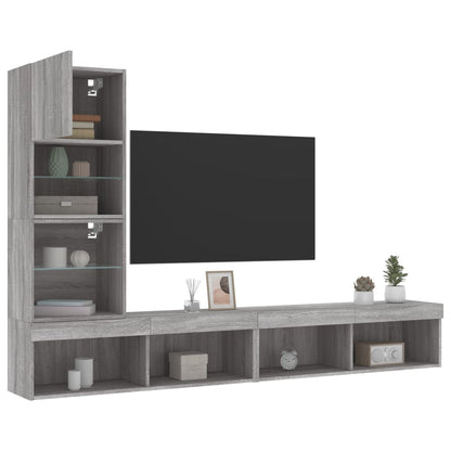 vidaXL 4-tlg. Wohnwand mit LED-Beleuchtung Grau Sonoma Holzwerkstoff