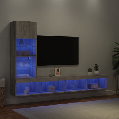 vidaXL 4-tlg. Wohnwand mit LED-Beleuchtung Grau Sonoma Holzwerkstoff