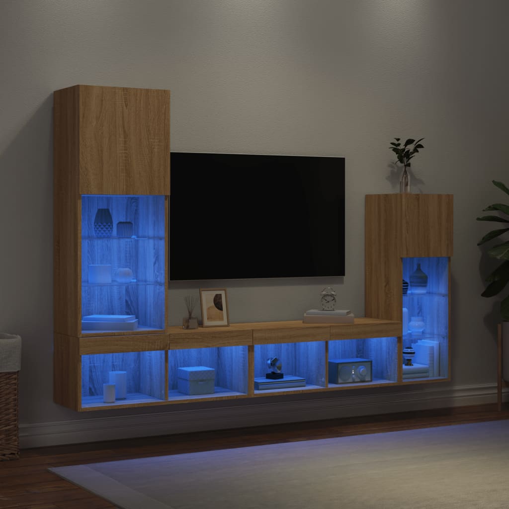 vidaXL 4-tlg. Wohnwand mit LED-Beleuchtung Sonoma-Eiche Holzwerkstoff