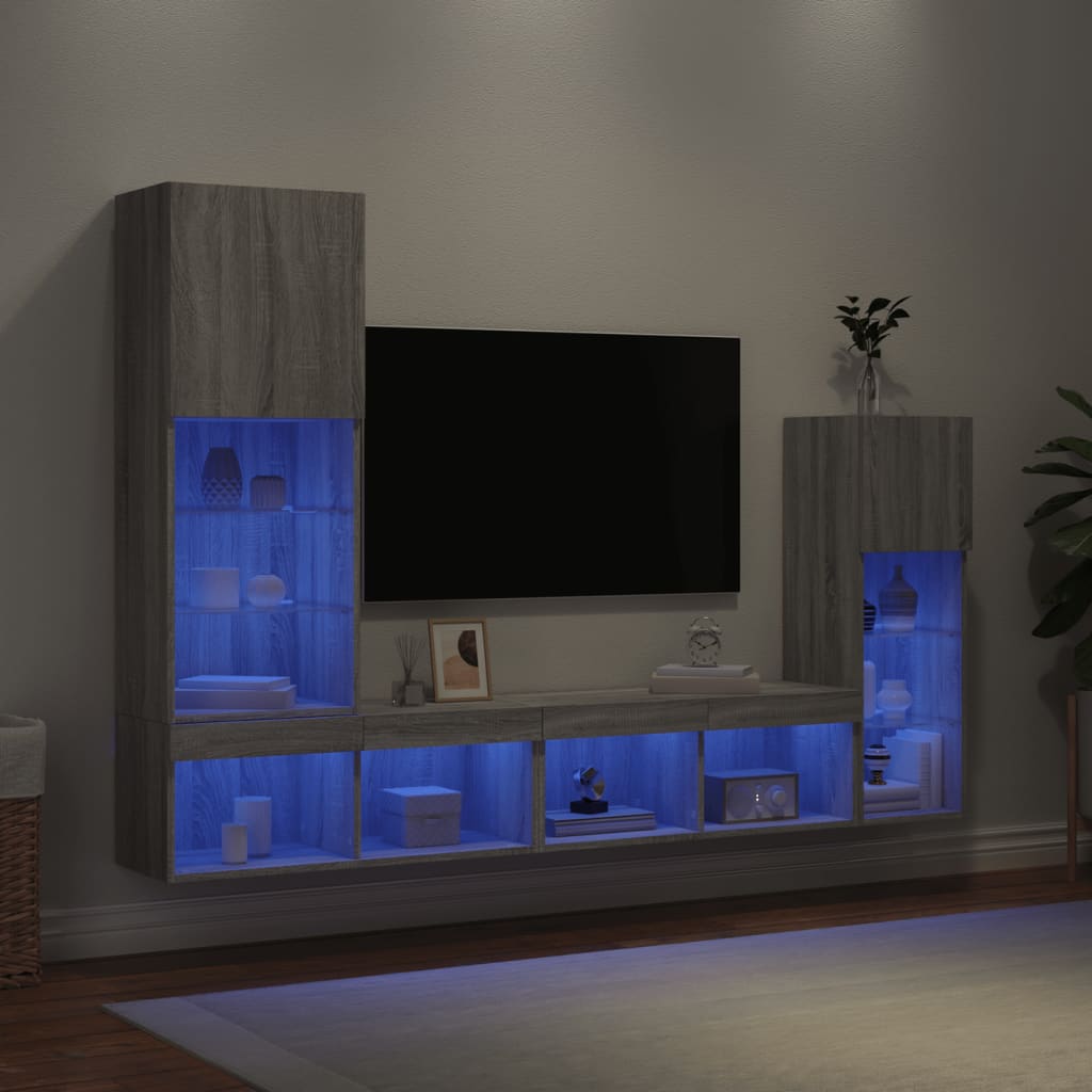 vidaXL 4-tlg. Wohnwand mit LED-Beleuchtung Grau Sonoma Holzwerkstoff
