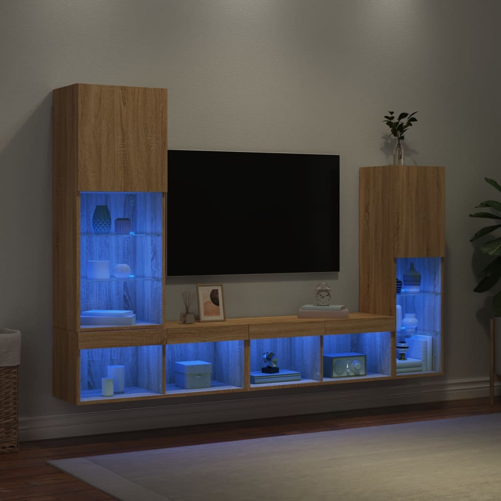 vidaXL 4-tlg. Wohnwand mit LED-Beleuchtung Sonoma-Eiche Holzwerkstoff