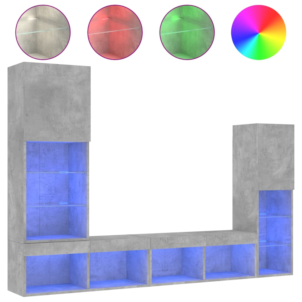 vidaXL 4-tlg. Wohnwand mit LED-Beleuchtung Betongrau Holzwerkstoff