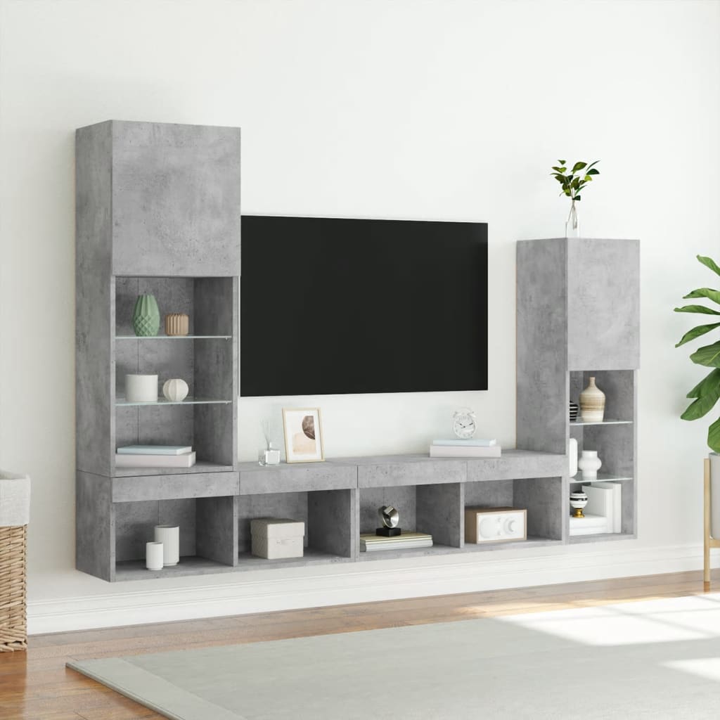 vidaXL 4-tlg. Wohnwand mit LED-Beleuchtung Betongrau Holzwerkstoff