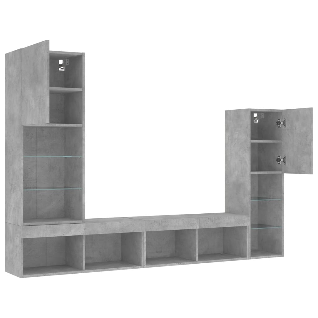 vidaXL 4-tlg. Wohnwand mit LED-Beleuchtung Betongrau Holzwerkstoff