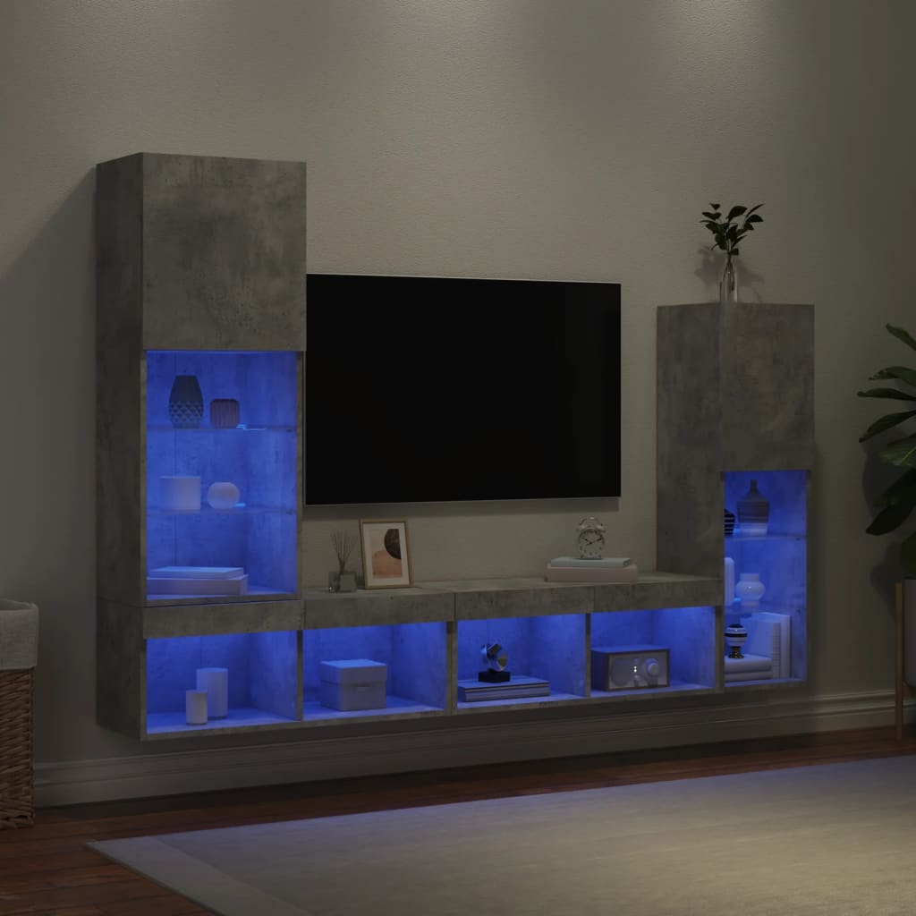 vidaXL 4-tlg. Wohnwand mit LED-Beleuchtung Betongrau Holzwerkstoff