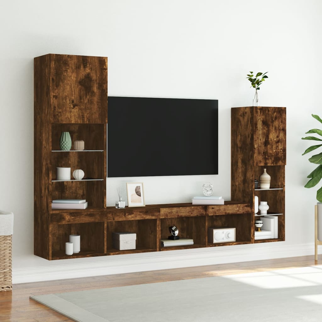 vidaXL 4-tlg. Wohnwand mit LED-Beleuchtung Räuchereiche Holzwerkstoff