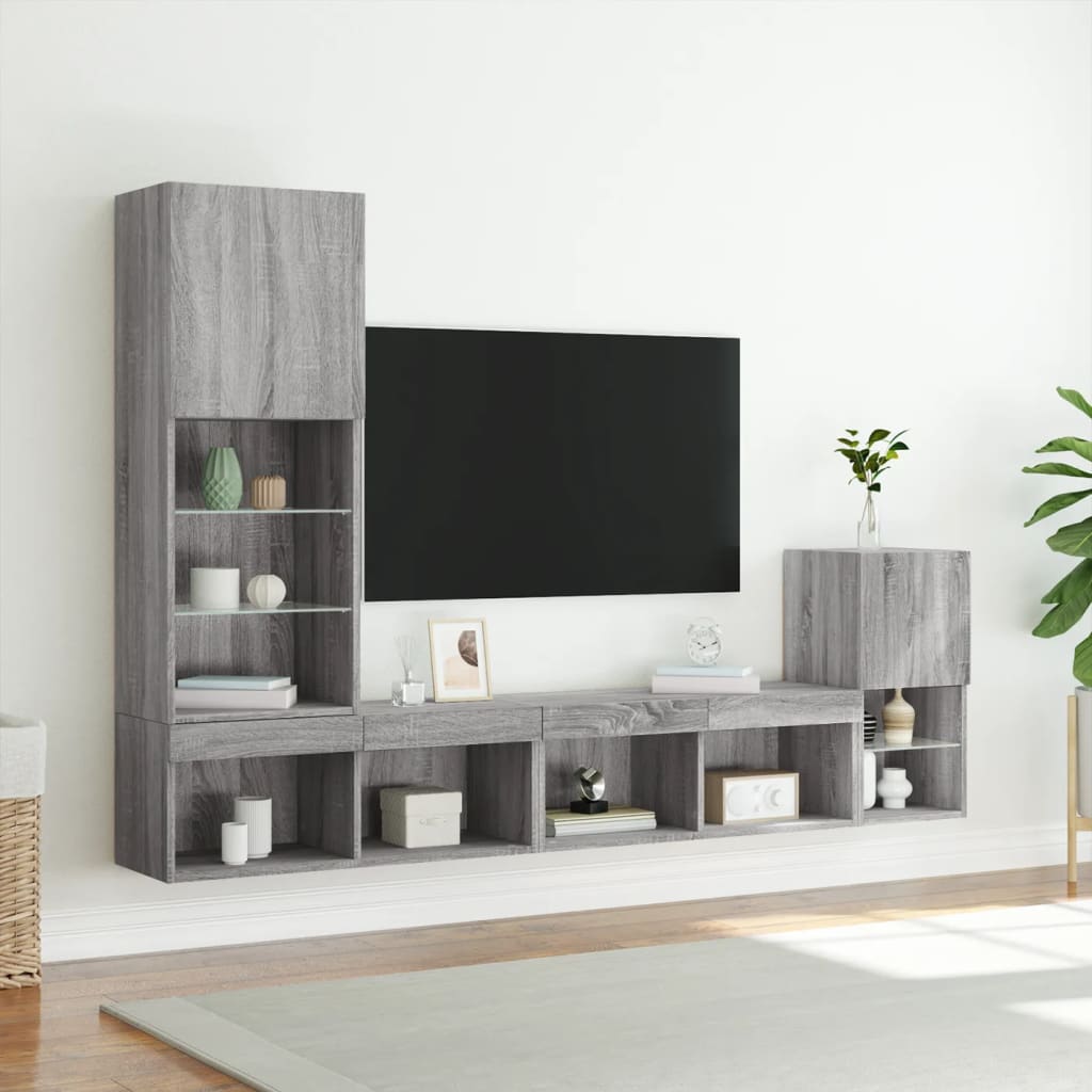 vidaXL 4-tlg. Wohnwand mit LED-Beleuchtung Grau Sonoma Holzwerkstoff