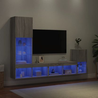 vidaXL 4-tlg. Wohnwand mit LED-Beleuchtung Grau Sonoma Holzwerkstoff