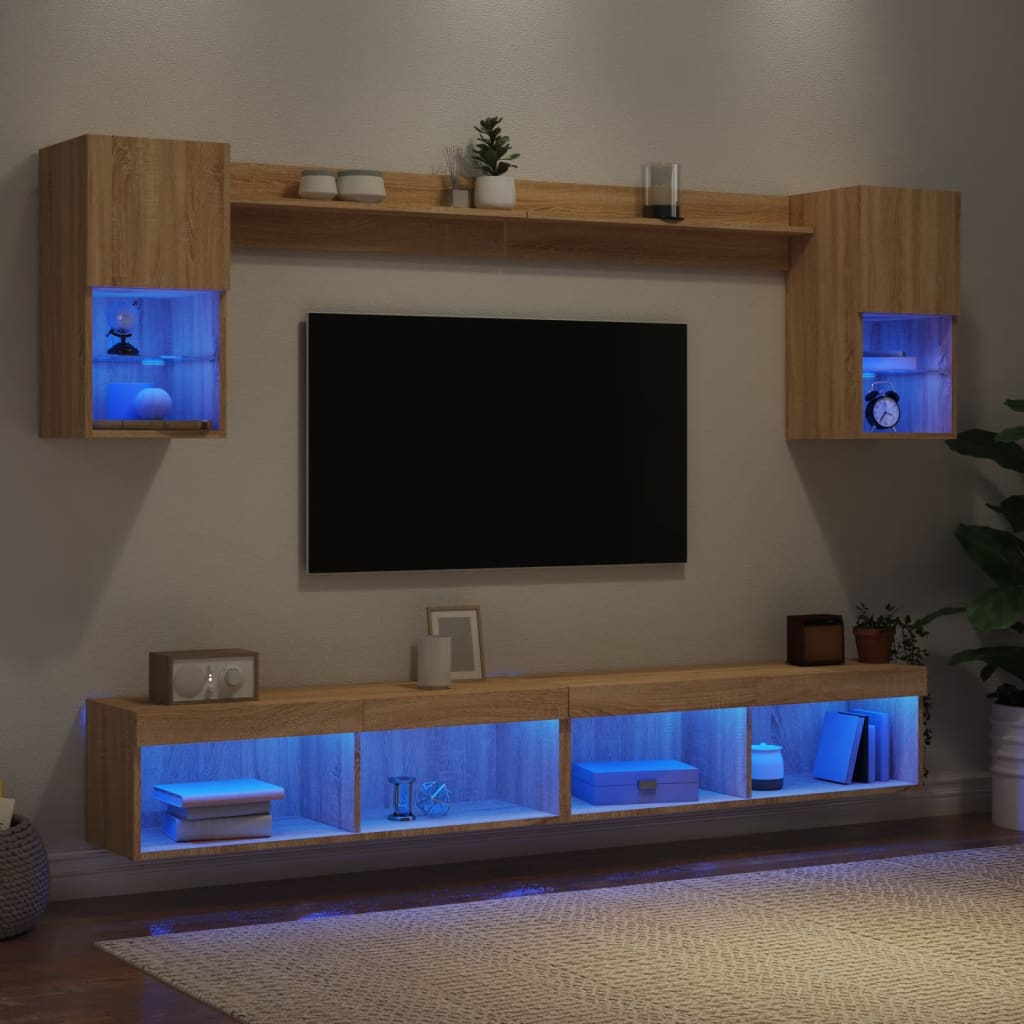 vidaXL Meuble TV mural 6 pcs avec lumières LED Chêne Sonoma Bois d'ingénierie