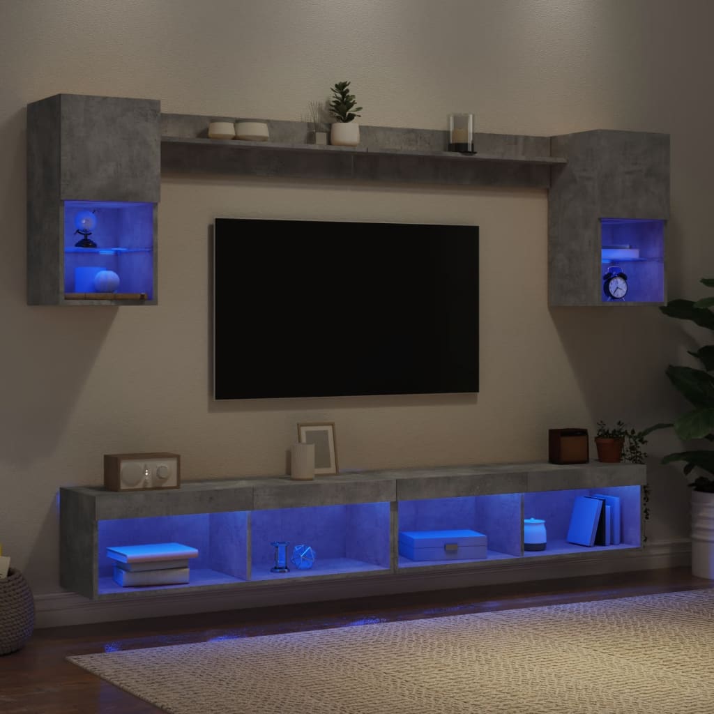 vidaXL Ensemble mural 6 pièces avec éclairage LED Gris béton Bois d'ingénierie
