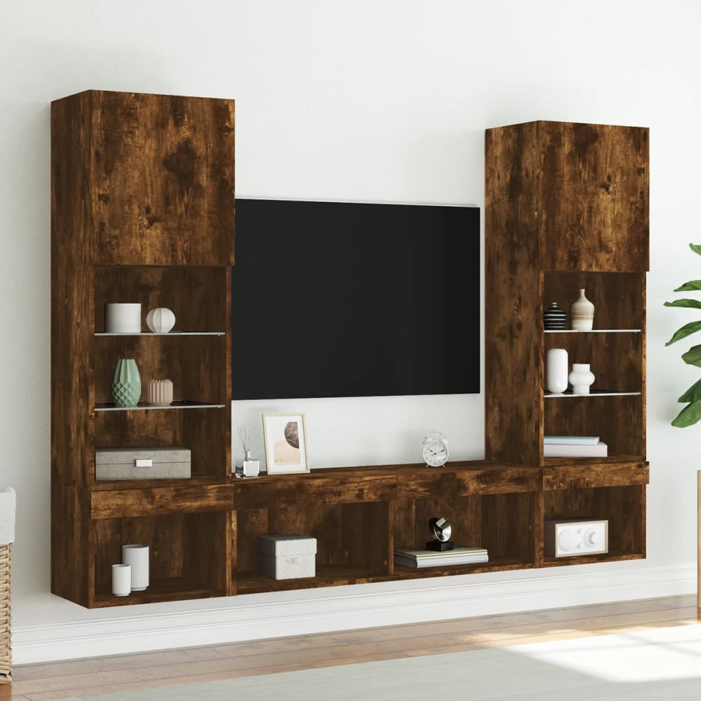 vidaXL 5-tlg. Wohnwand mit LED-Beleuchtung Räuchereiche Holzwerkstoff