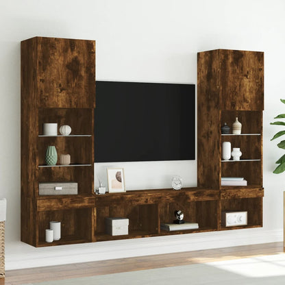 vidaXL 5-tlg. Wohnwand mit LED-Beleuchtung Räuchereiche Holzwerkstoff