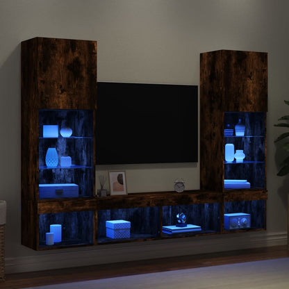 vidaXL 5-tlg. Wohnwand mit LED-Beleuchtung Räuchereiche Holzwerkstoff