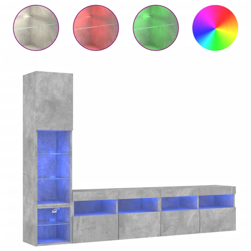 vidaXL 4-tlg. Wohnwand mit LED-Beleuchtung Betongrau Holzwerkstoff