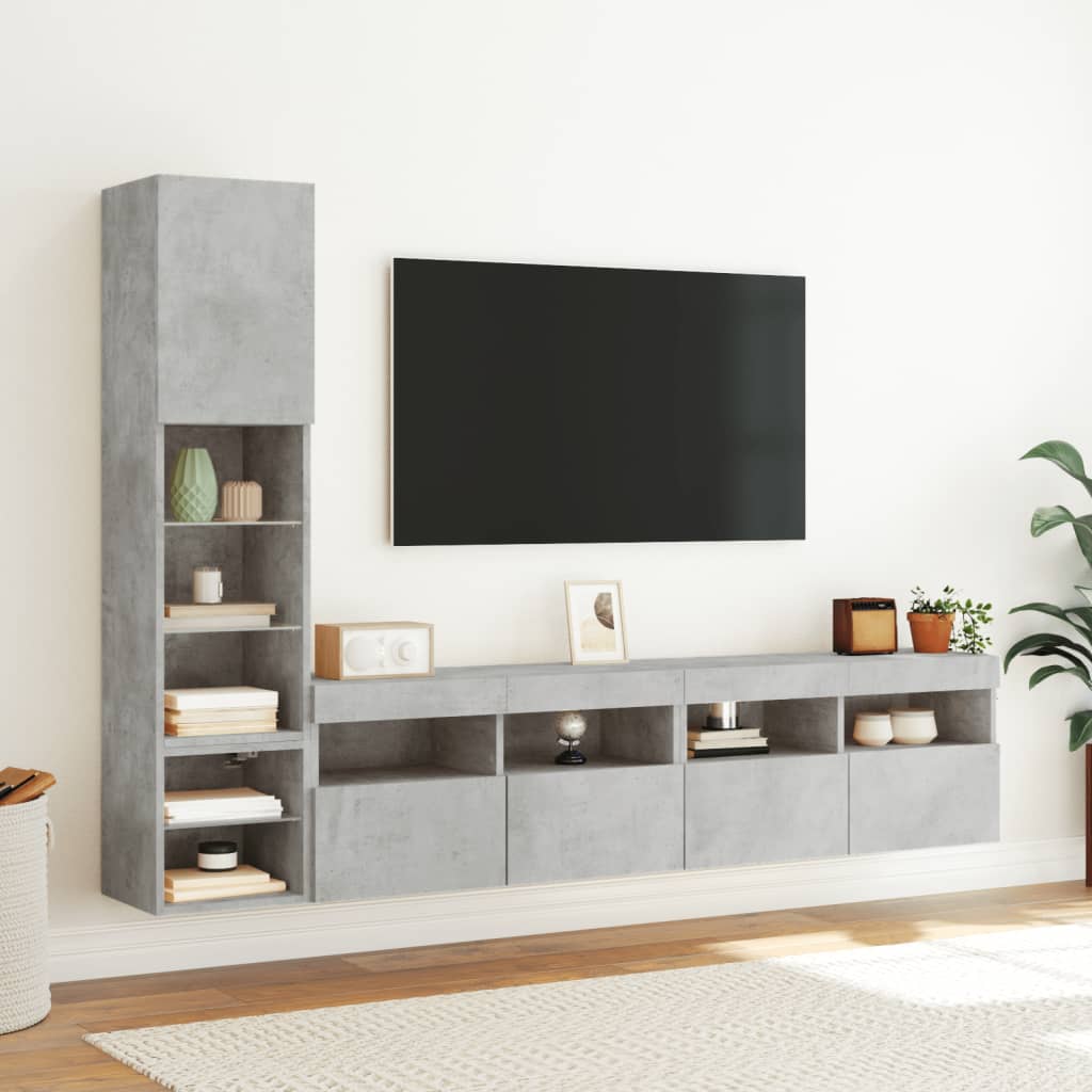 vidaXL 4-tlg. Wohnwand mit LED-Beleuchtung Betongrau Holzwerkstoff