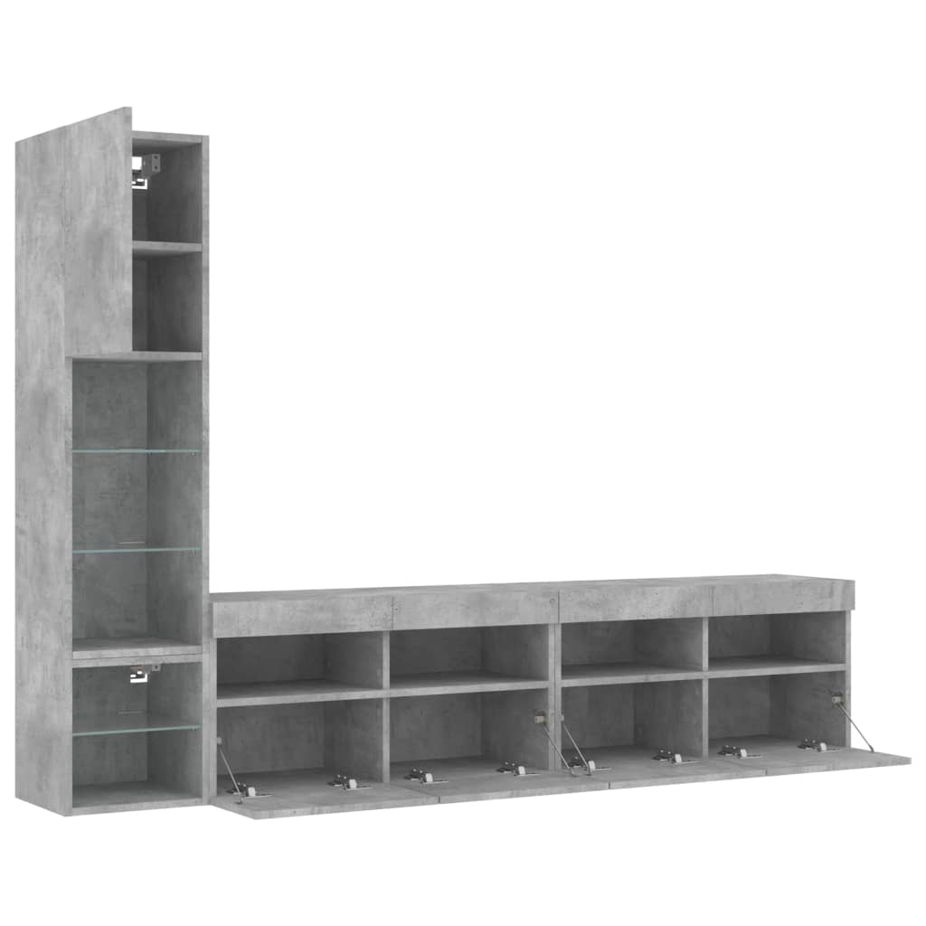 vidaXL 4-tlg. Wohnwand mit LED-Beleuchtung Betongrau Holzwerkstoff