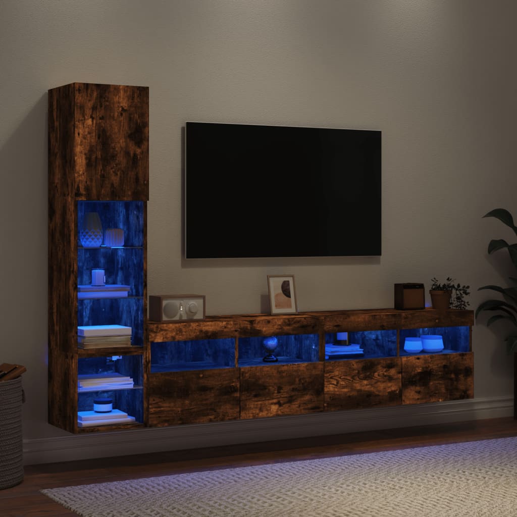 vidaXL 4-tlg. Wohnwand mit LED-Beleuchtung Räuchereiche Holzwerkstoff