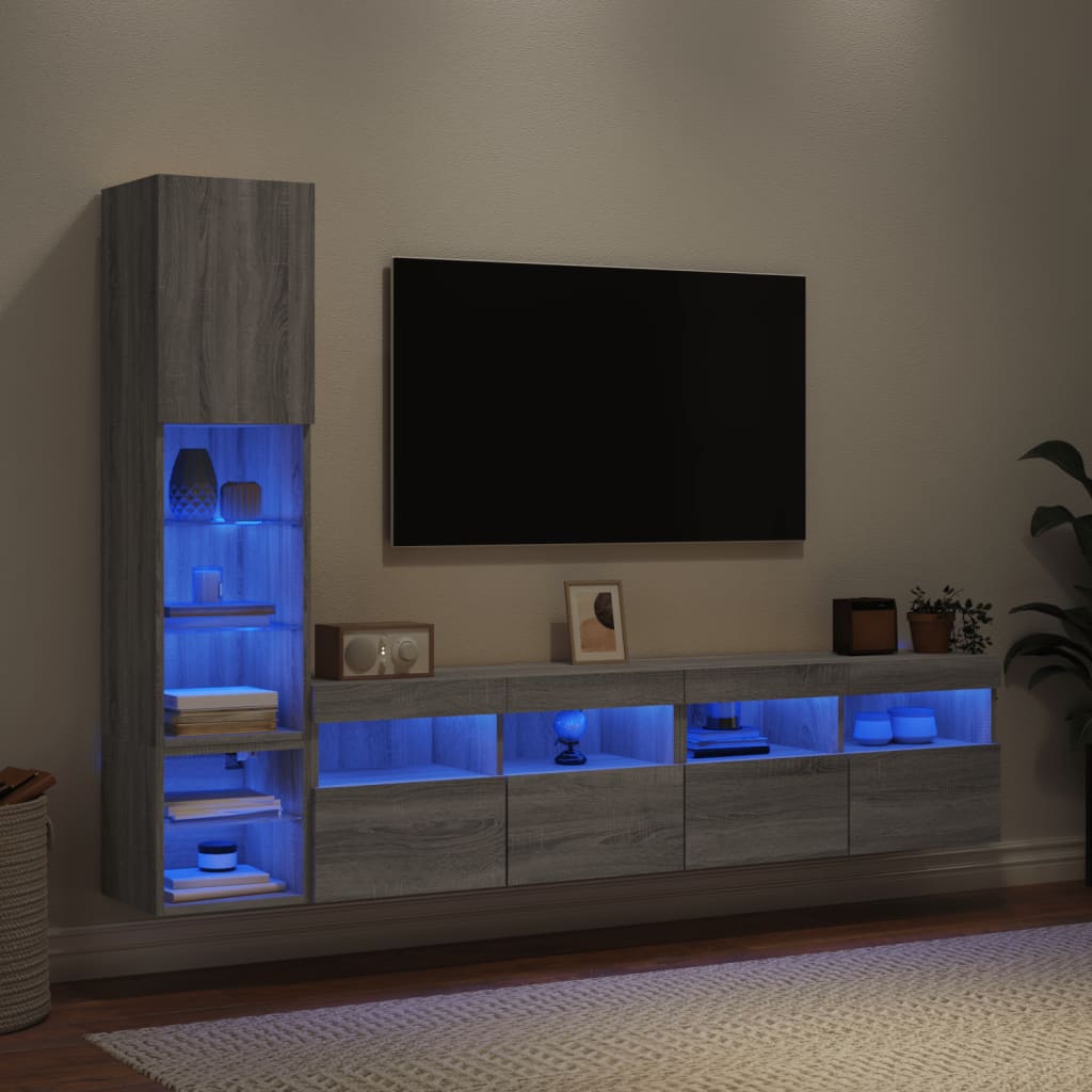 vidaXL 4-tlg. Wohnwand mit LED-Beleuchtung Grau Sonoma Holzwerkstoff