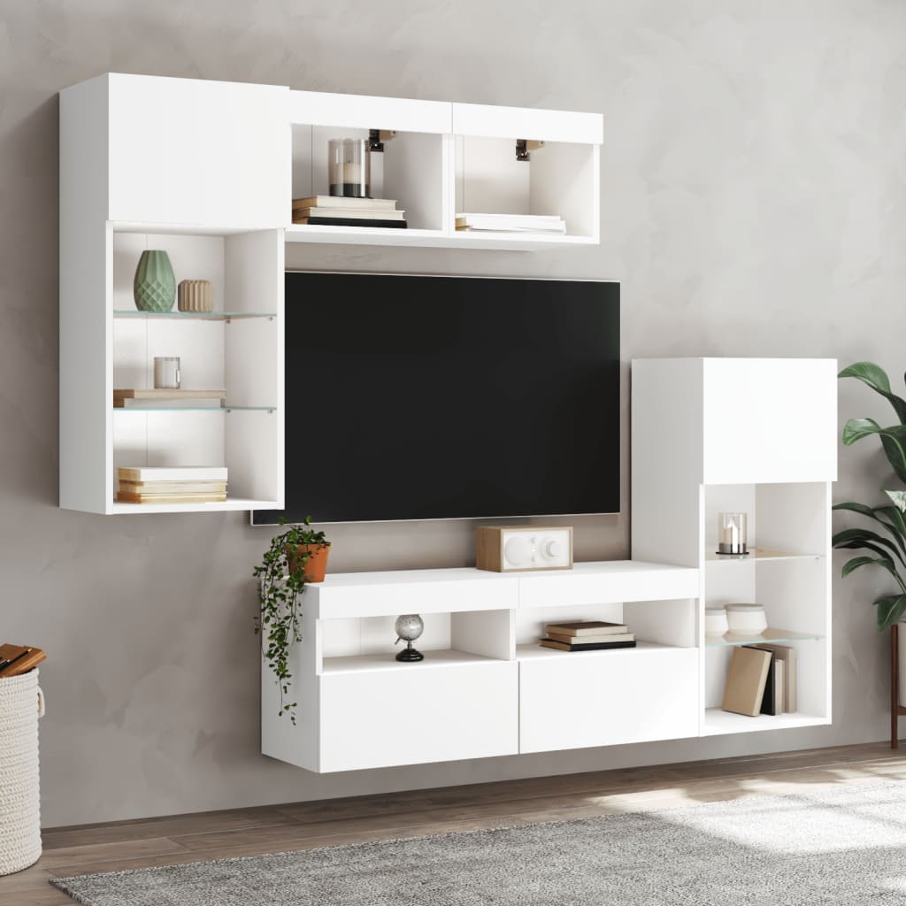 vidaXL 5-tlg. Wohnwand mit LED-Beleuchtung Weiß Holzwerkstoff