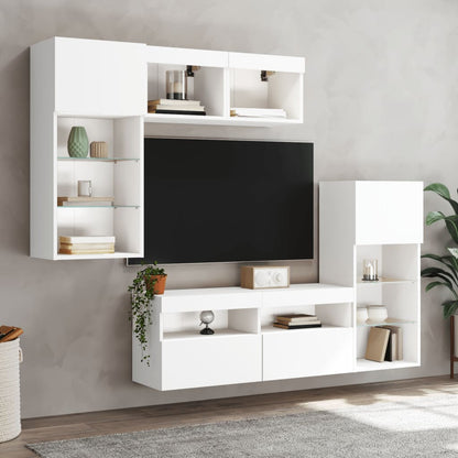 vidaXL 5-tlg. Wohnwand mit LED-Beleuchtung Weiß Holzwerkstoff
