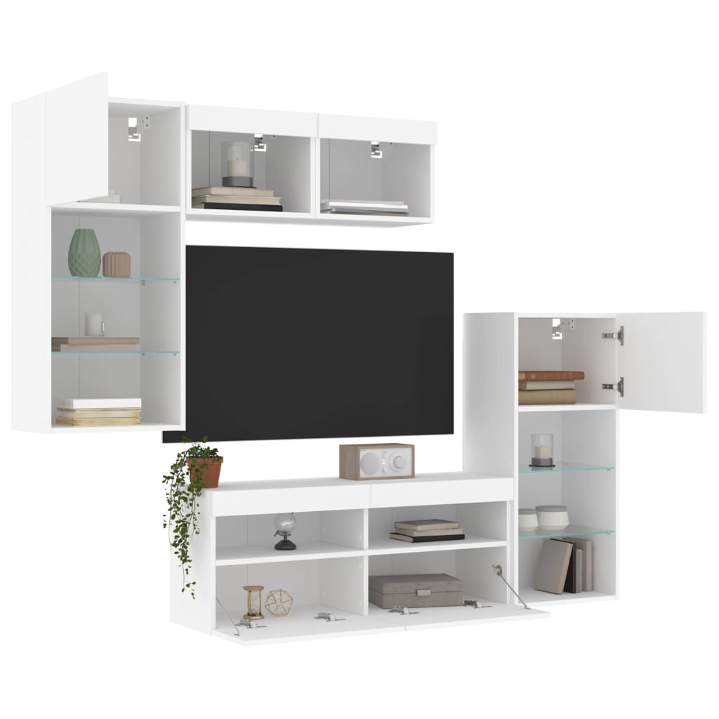 vidaXL 5-tlg. Wohnwand mit LED-Beleuchtung Weiß Holzwerkstoff