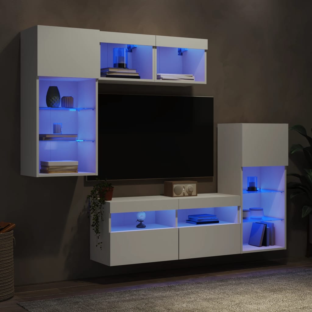 vidaXL 5-tlg. Wohnwand mit LED-Beleuchtung Weiß Holzwerkstoff