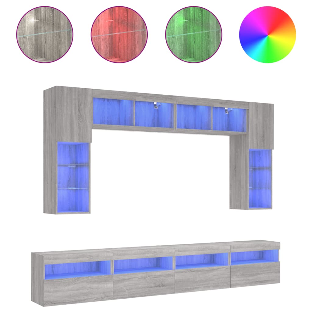 vidaXL Meuble TV mural 8 pcs avec lumières LED Gris Sonoma