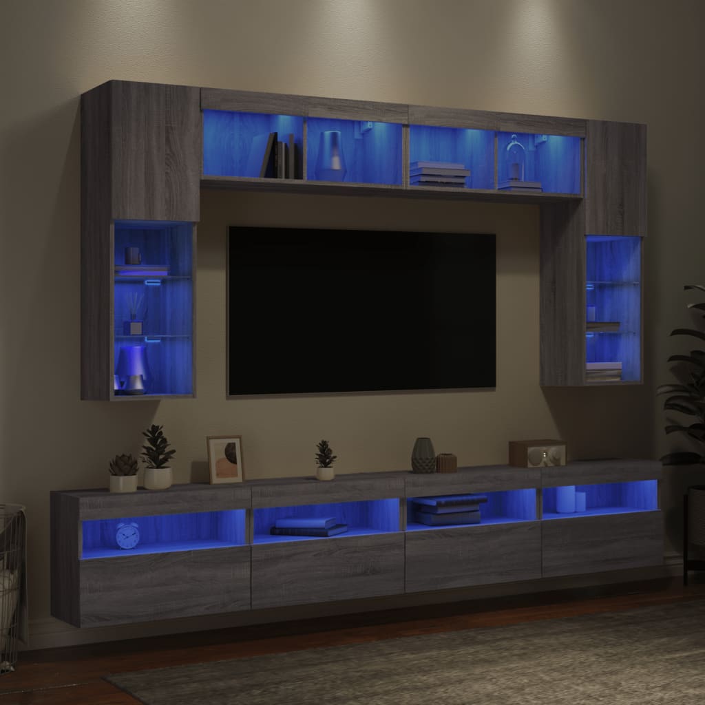 vidaXL Meuble TV mural 8 pcs avec lumières LED Gris Sonoma