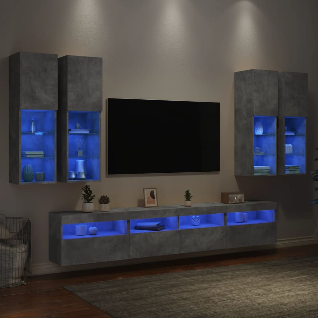 vidaXL 7-tlg. TV-Wohnwand mit LED-Leuchten Betongrau