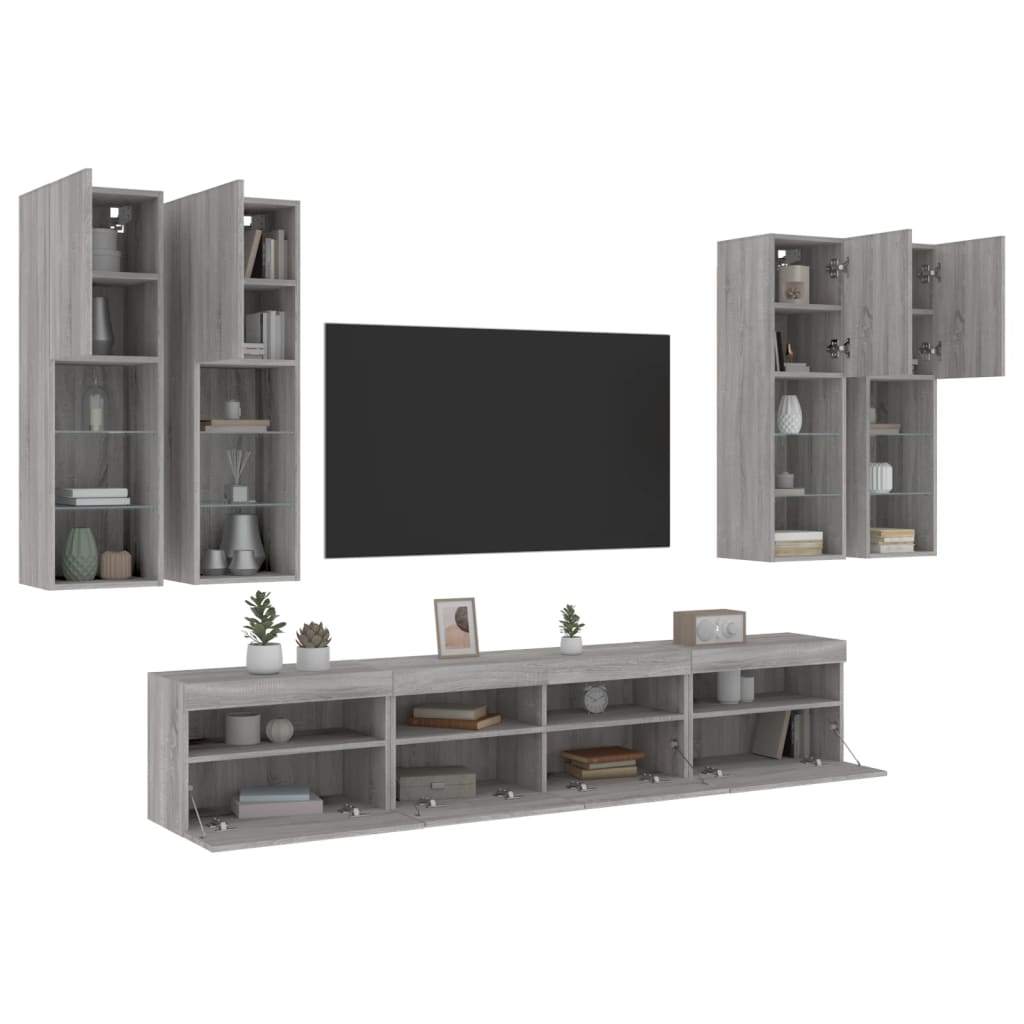 vidaXL 7-tlg. TV-Wohnwand mit LED-Leuchten Grau Sonoma