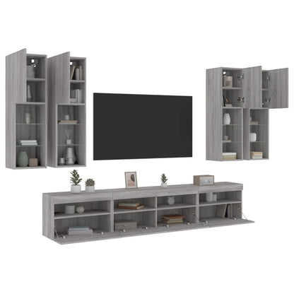 vidaXL 7-tlg. TV-Wohnwand mit LED-Leuchten Grau Sonoma