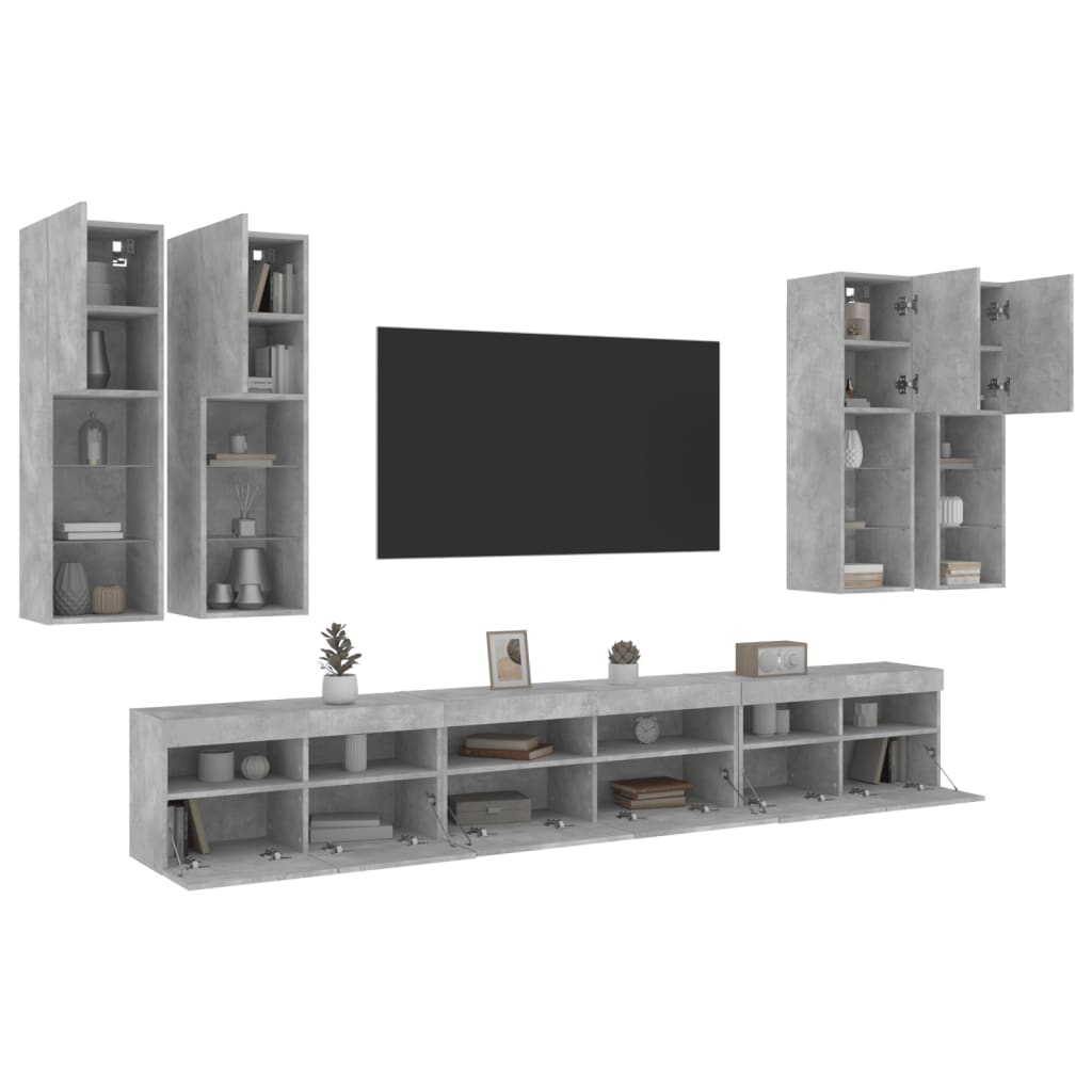 vidaXL 7-tlg. TV-Wohnwand mit LED-Leuchten Betongrau