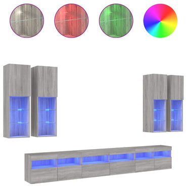 vidaXL 7-tlg. TV-Wohnwand mit LED-Leuchten Grau Sonoma