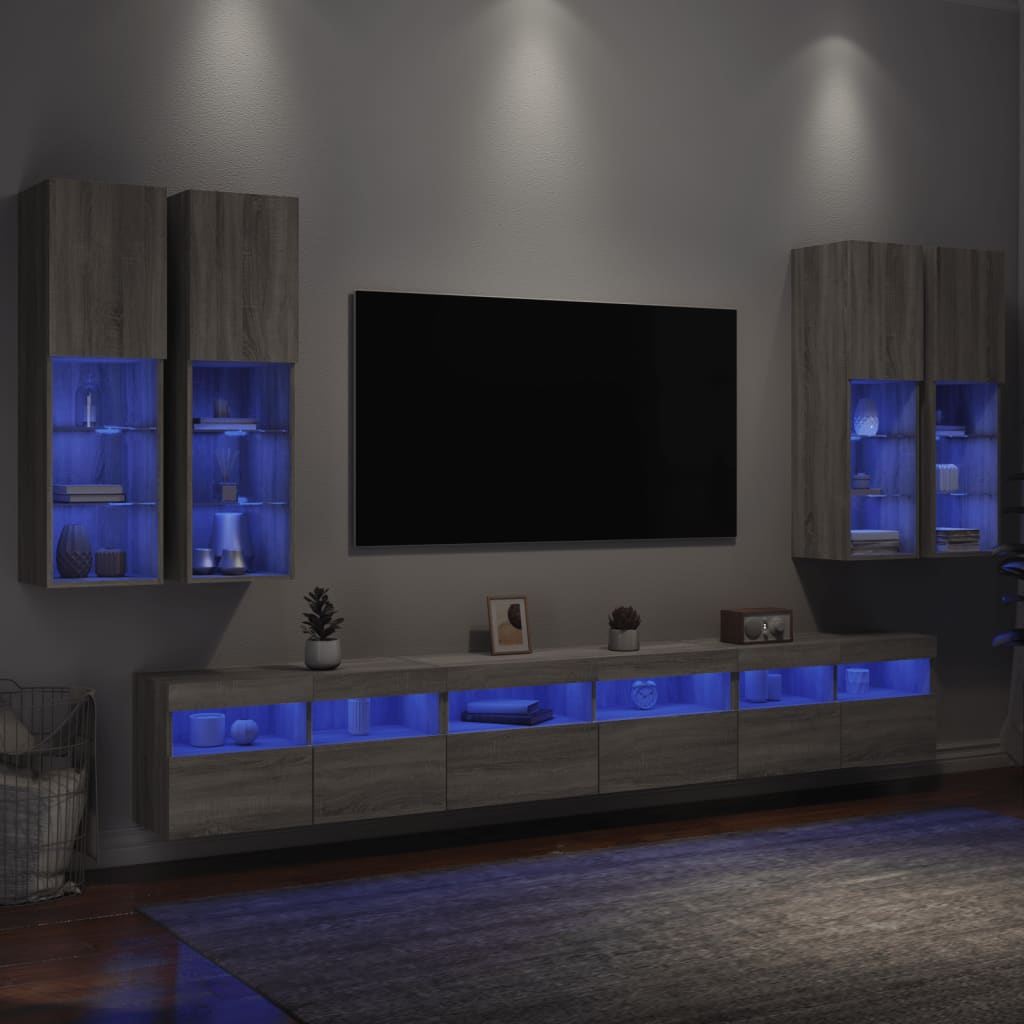 vidaXL 7-tlg. TV-Wohnwand mit LED-Leuchten Grau Sonoma