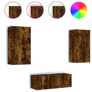 vidaXL 4-tlg. Wohnwand mit LED-Beleuchtung Räuchereiche Holzwerkstoff